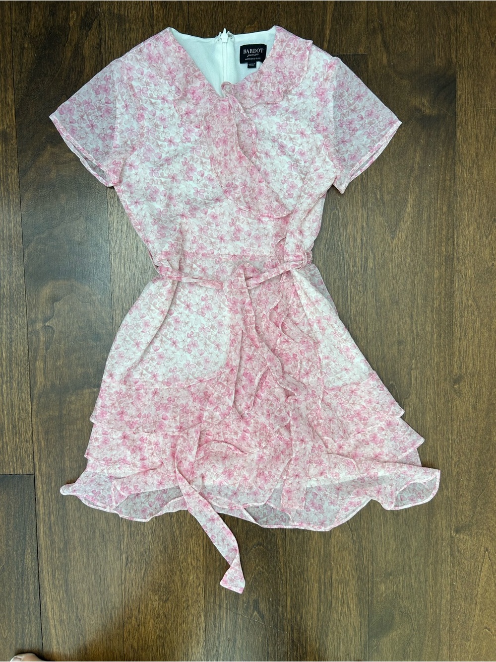 Bardot Pink Floral Ruffle Tie-Waist Chiffon Dress